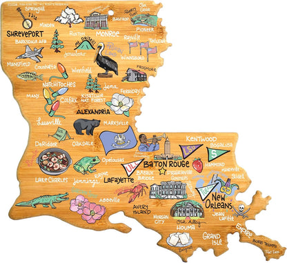 Tennessee State Shaped Cutting Board, Art by Fish Kiss | State charcuterie board with colorful hand-drawn map artwork. Smooth reverse side for food prep. Hang tie for wall display. - Colors B