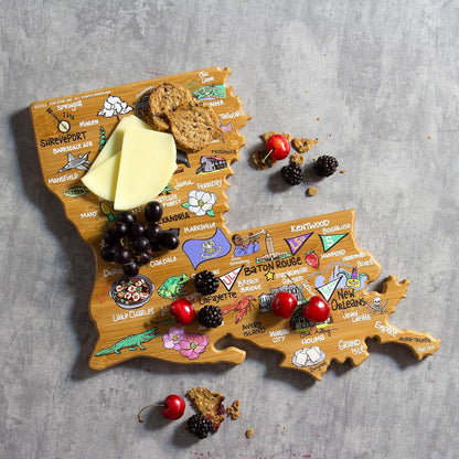 Tennessee State Shaped Cutting Board, Art by Fish Kiss | State charcuterie board with colorful hand-drawn map artwork. Smooth reverse side for food prep. Hang tie for wall display. - Colors B