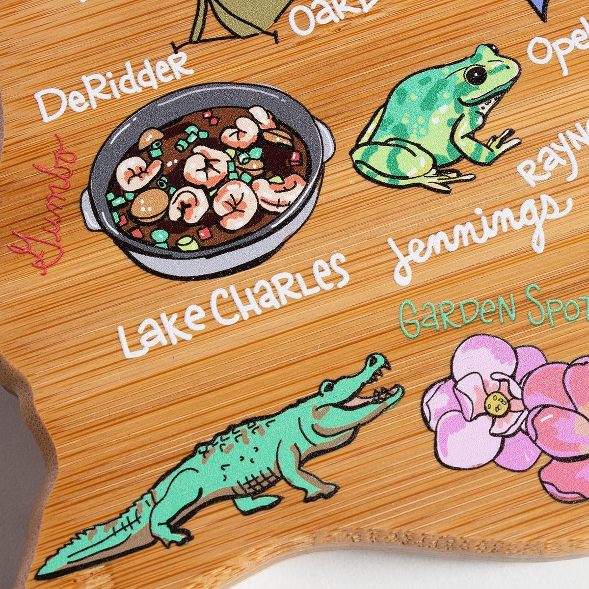 Tennessee State Shaped Cutting Board, Art by Fish Kiss | State charcuterie board with colorful hand-drawn map artwork. Smooth reverse side for food prep. Hang tie for wall display. - Colors B