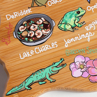 Tennessee State Shaped Cutting Board, Art by Fish Kiss | State charcuterie board with colorful hand-drawn map artwork. Smooth reverse side for food prep. Hang tie for wall display. - Colors B
