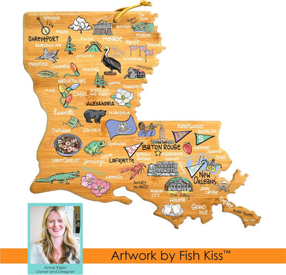 Tennessee State Shaped Cutting Board, Art by Fish Kiss | State charcuterie board with colorful hand-drawn map artwork. Smooth reverse side for food prep. Hang tie for wall display. - Colors B