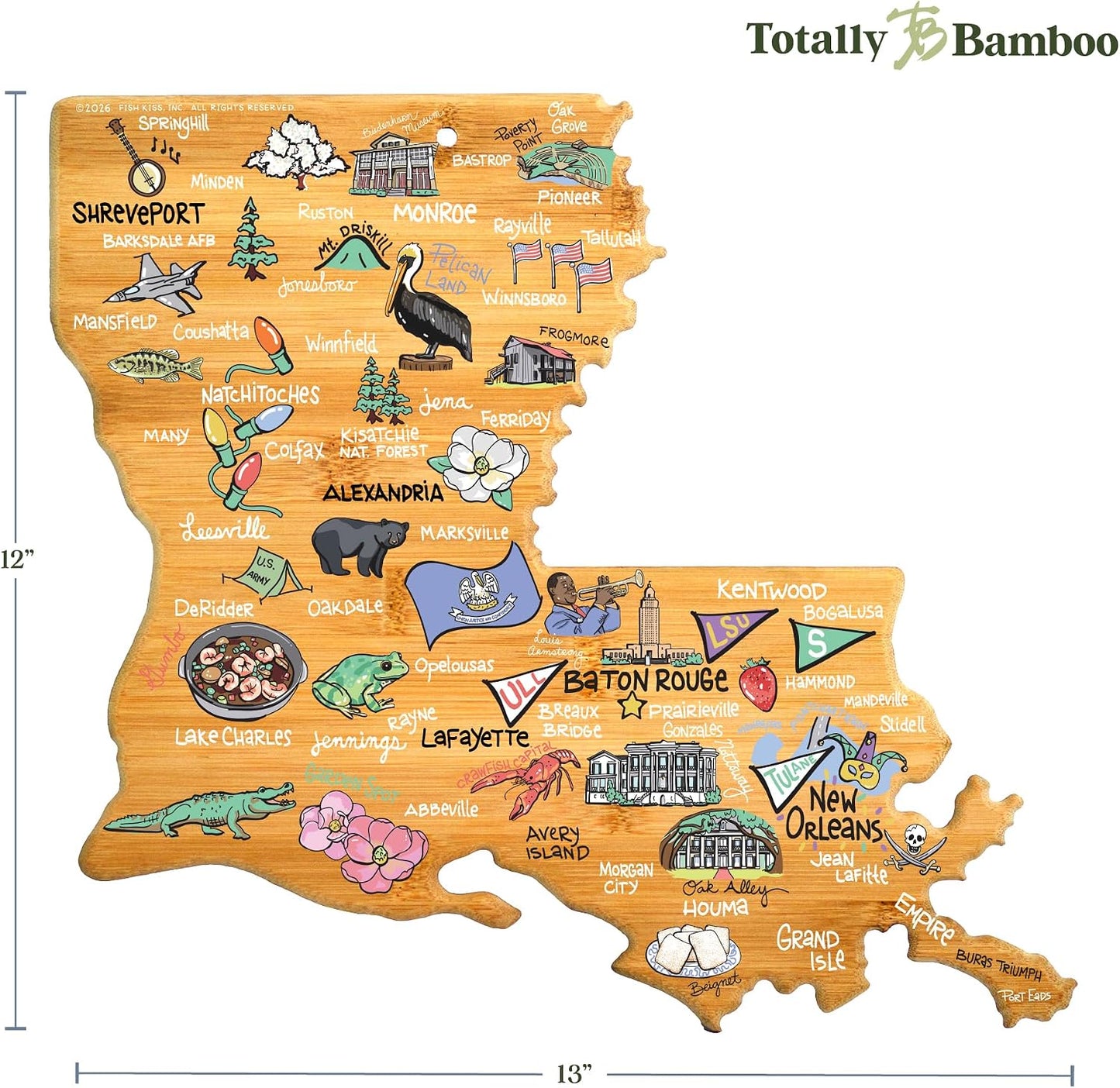 Tennessee State Shaped Cutting Board, Art by Fish Kiss | State charcuterie board with colorful hand-drawn map artwork. Smooth reverse side for food prep. Hang tie for wall display. - Colors B