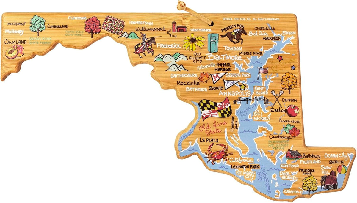 Tennessee State Shaped Cutting Board, Art by Fish Kiss | State charcuterie board with colorful hand-drawn map artwork. Smooth reverse side for food prep. Hang tie for wall display. - Colors B