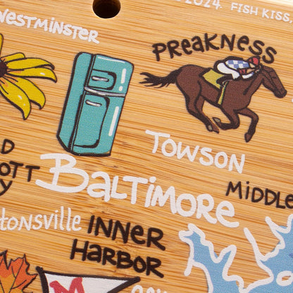 Tennessee State Shaped Cutting Board, Art by Fish Kiss | State charcuterie board with colorful hand-drawn map artwork. Smooth reverse side for food prep. Hang tie for wall display. - Colors B
