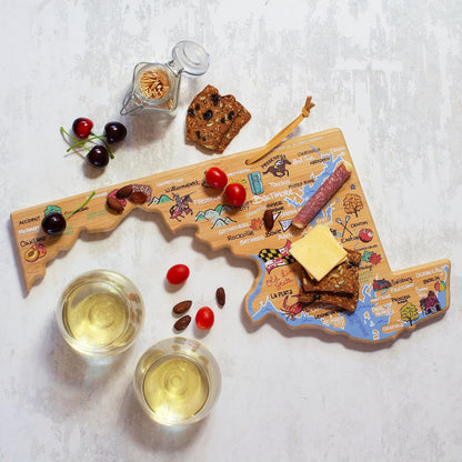 Tennessee State Shaped Cutting Board, Art by Fish Kiss | State charcuterie board with colorful hand-drawn map artwork. Smooth reverse side for food prep. Hang tie for wall display. - Colors B