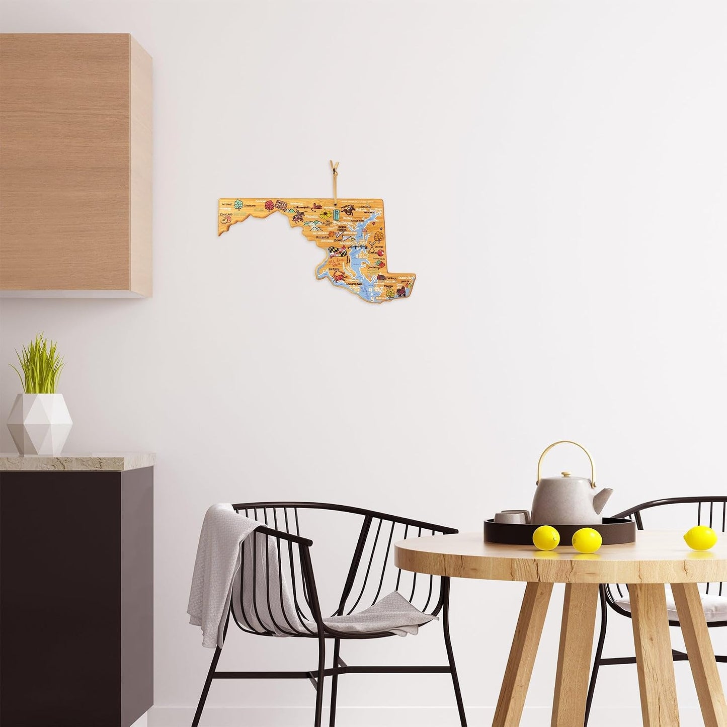 Tennessee State Shaped Cutting Board, Art by Fish Kiss | State charcuterie board with colorful hand-drawn map artwork. Smooth reverse side for food prep. Hang tie for wall display. - Colors B