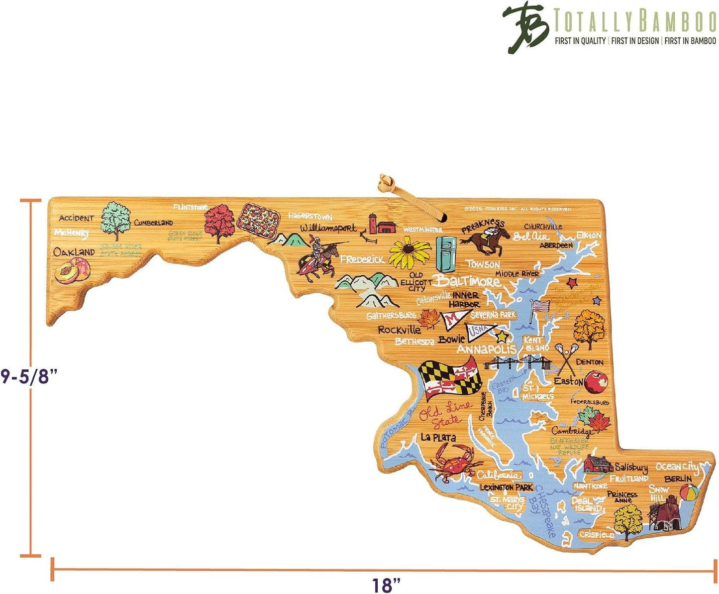 Tennessee State Shaped Cutting Board, Art by Fish Kiss | State charcuterie board with colorful hand-drawn map artwork. Smooth reverse side for food prep. Hang tie for wall display. - Colors B