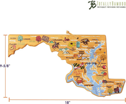 Tennessee State Shaped Cutting Board, Art by Fish Kiss | State charcuterie board with colorful hand-drawn map artwork. Smooth reverse side for food prep. Hang tie for wall display. - Colors B