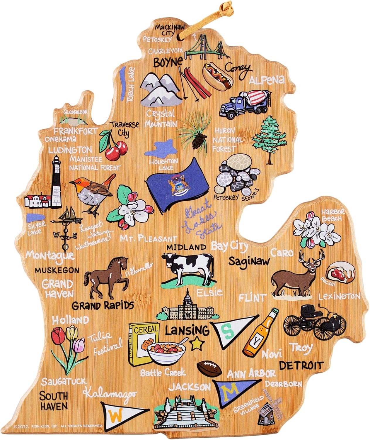 Tennessee State Shaped Cutting Board, Art by Fish Kiss | State charcuterie board with colorful hand-drawn map artwork. Smooth reverse side for food prep. Hang tie for wall display. - Colors B
