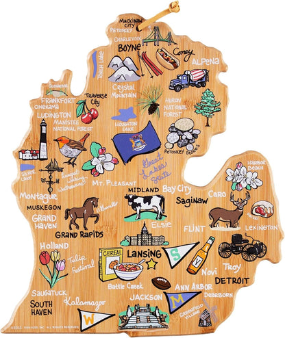 Tennessee State Shaped Cutting Board, Art by Fish Kiss | State charcuterie board with colorful hand-drawn map artwork. Smooth reverse side for food prep. Hang tie for wall display. - Colors B