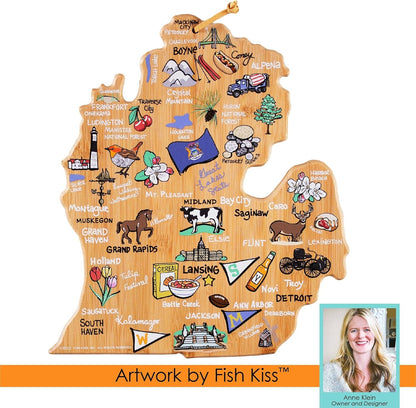 Tennessee State Shaped Cutting Board, Art by Fish Kiss | State charcuterie board with colorful hand-drawn map artwork. Smooth reverse side for food prep. Hang tie for wall display. - Colors B