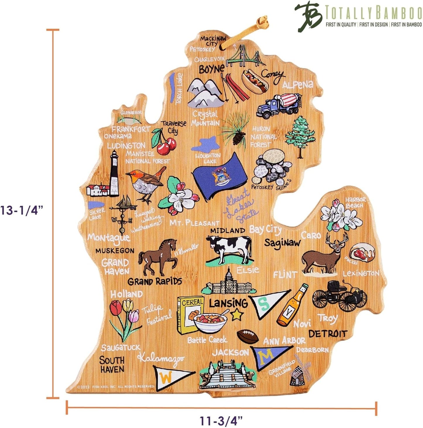 Tennessee State Shaped Cutting Board, Art by Fish Kiss | State charcuterie board with colorful hand-drawn map artwork. Smooth reverse side for food prep. Hang tie for wall display. - Colors B
