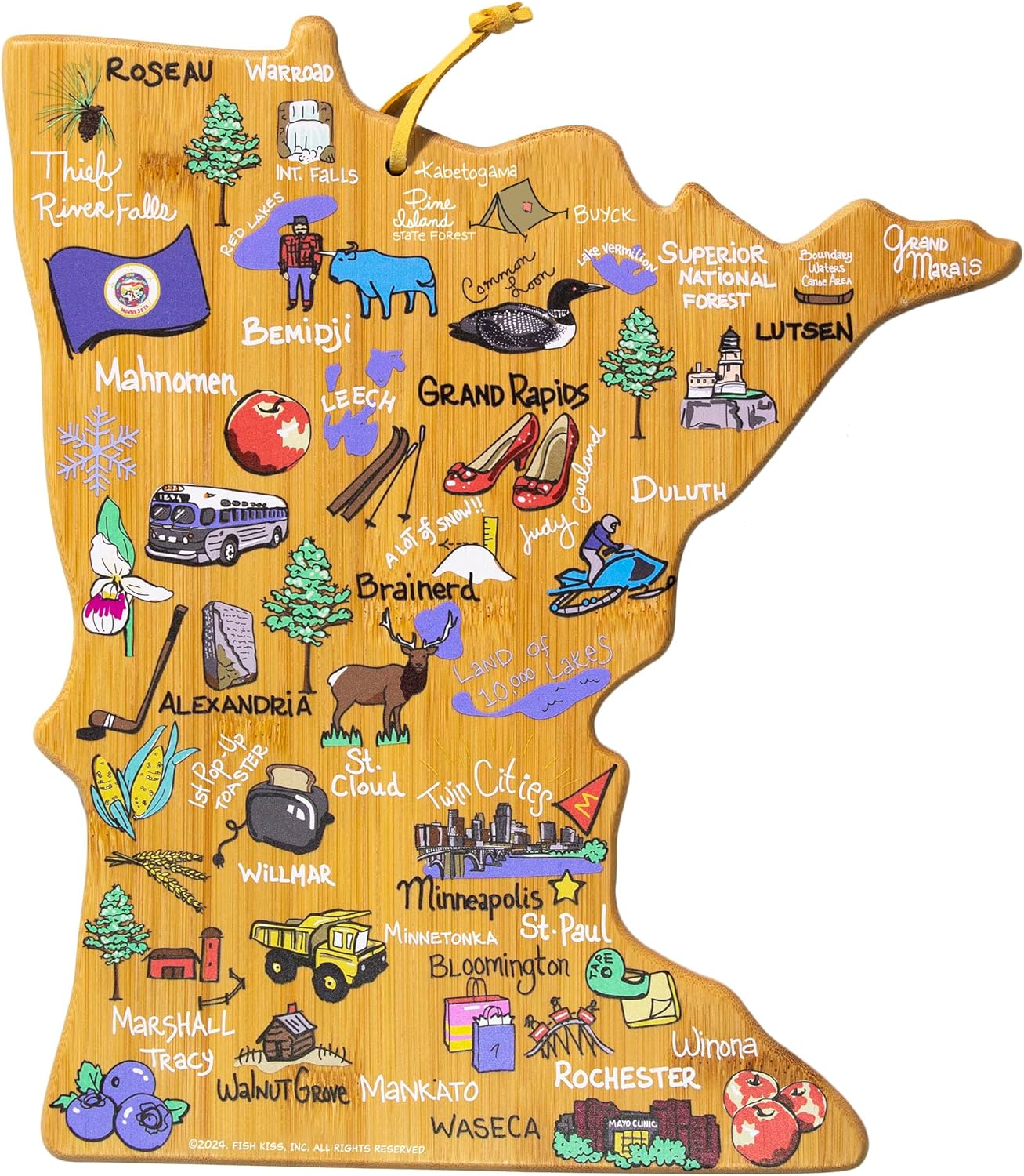 Tennessee State Shaped Cutting Board, Art by Fish Kiss | State charcuterie board with colorful hand-drawn map artwork. Smooth reverse side for food prep. Hang tie for wall display. - Colors B