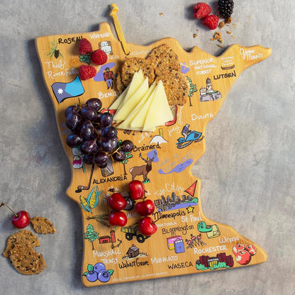 Tennessee State Shaped Cutting Board, Art by Fish Kiss | State charcuterie board with colorful hand-drawn map artwork. Smooth reverse side for food prep. Hang tie for wall display. - Colors B