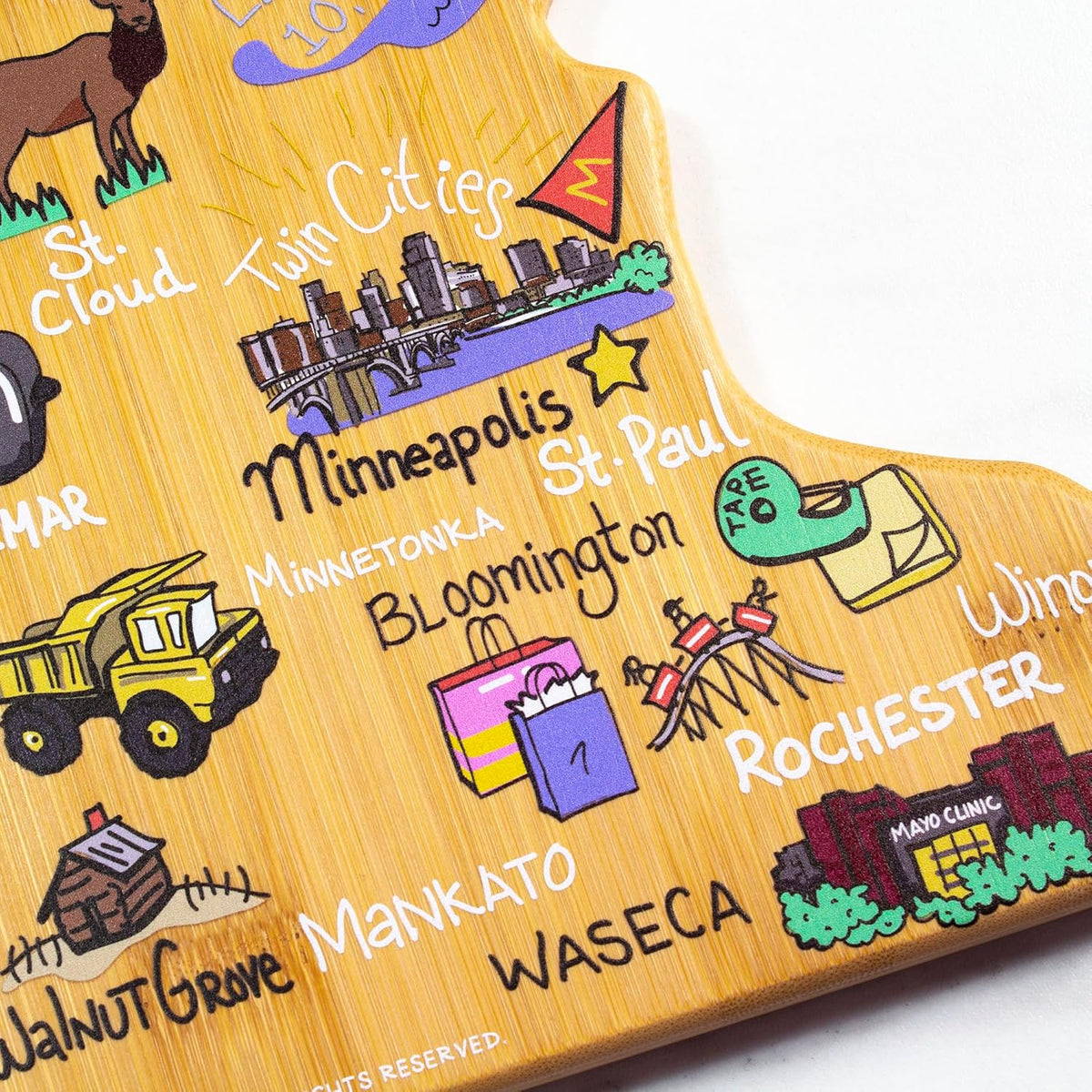 Tennessee State Shaped Cutting Board, Art by Fish Kiss | State charcuterie board with colorful hand-drawn map artwork. Smooth reverse side for food prep. Hang tie for wall display. - Colors B
