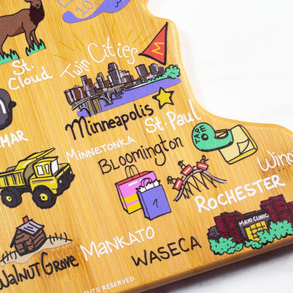 Tennessee State Shaped Cutting Board, Art by Fish Kiss | State charcuterie board with colorful hand-drawn map artwork. Smooth reverse side for food prep. Hang tie for wall display. - Colors B