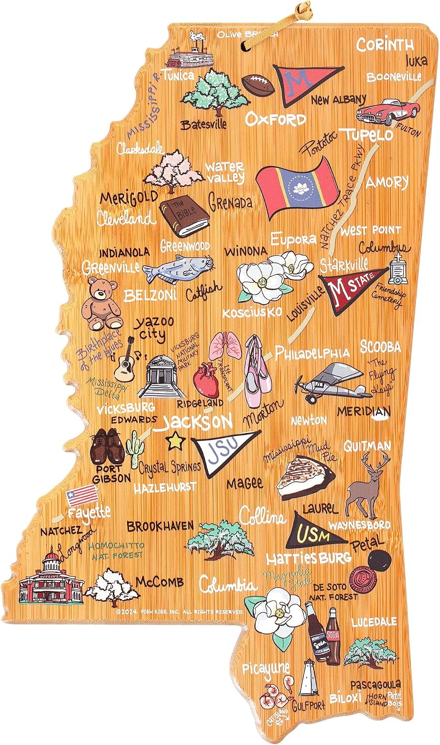 Tennessee State Shaped Cutting Board, Art by Fish Kiss | State charcuterie board with colorful hand-drawn map artwork. Smooth reverse side for food prep. Hang tie for wall display. - Colors B