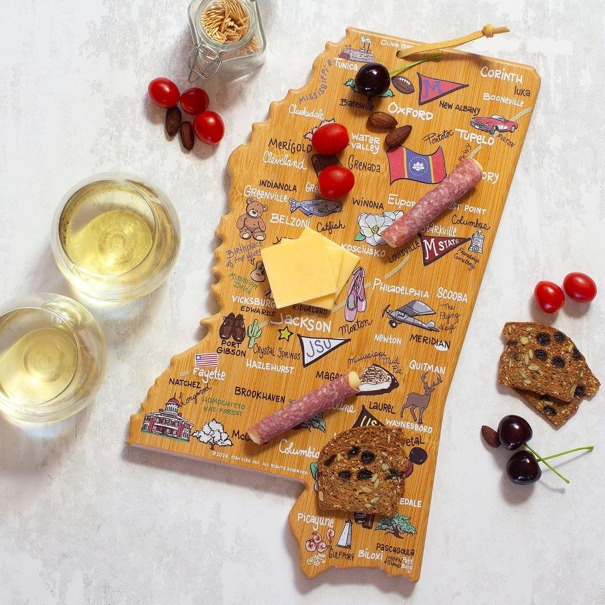 Tennessee State Shaped Cutting Board, Art by Fish Kiss | State charcuterie board with colorful hand-drawn map artwork. Smooth reverse side for food prep. Hang tie for wall display. - Colors B