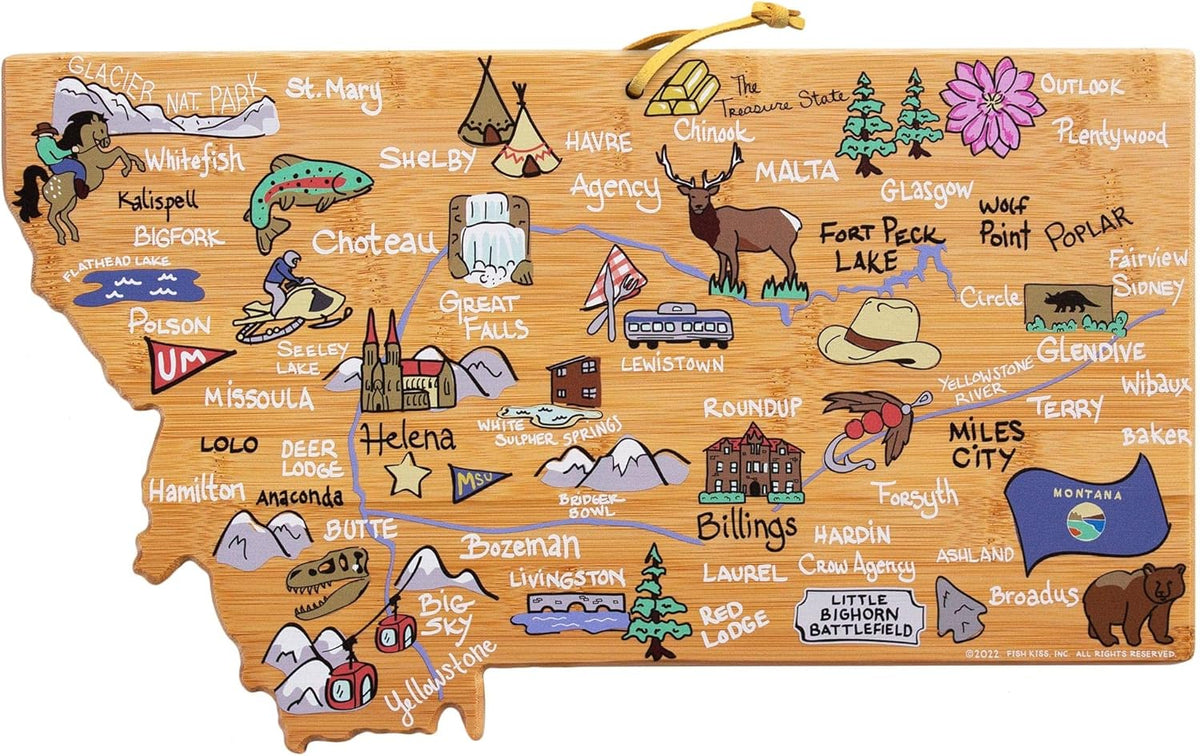 Tennessee State Shaped Cutting Board, Art by Fish Kiss | State charcuterie board with colorful hand-drawn map artwork. Smooth reverse side for food prep. Hang tie for wall display. - Colors B