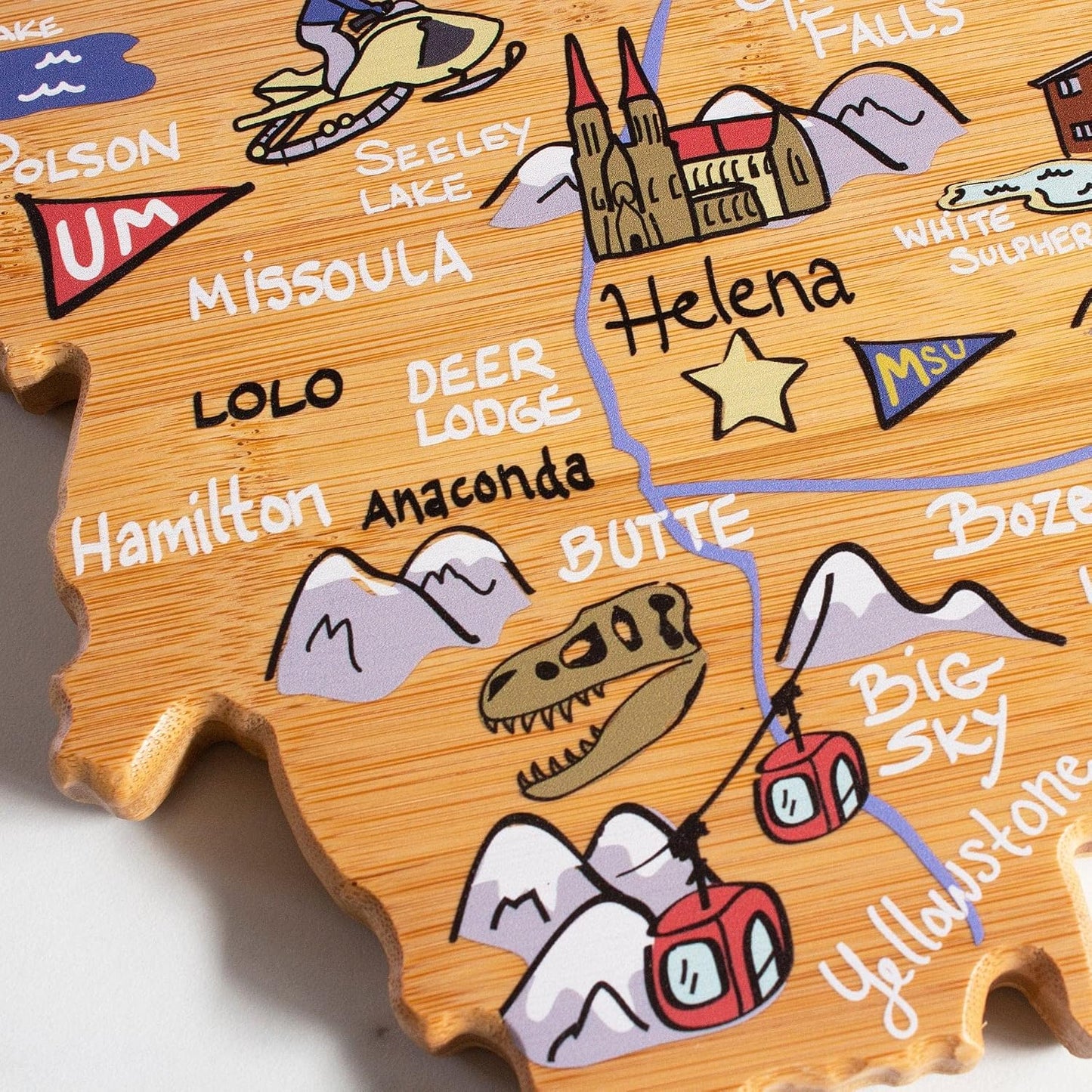 Tennessee State Shaped Cutting Board, Art by Fish Kiss | State charcuterie board with colorful hand-drawn map artwork. Smooth reverse side for food prep. Hang tie for wall display. - Colors B
