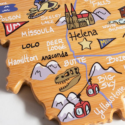 Tennessee State Shaped Cutting Board, Art by Fish Kiss | State charcuterie board with colorful hand-drawn map artwork. Smooth reverse side for food prep. Hang tie for wall display. - Colors B