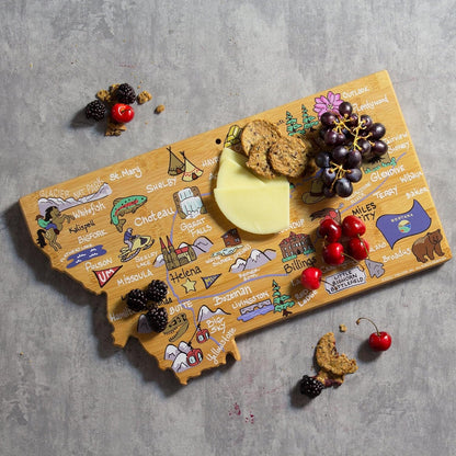 Tennessee State Shaped Cutting Board, Art by Fish Kiss | State charcuterie board with colorful hand-drawn map artwork. Smooth reverse side for food prep. Hang tie for wall display. - Colors B