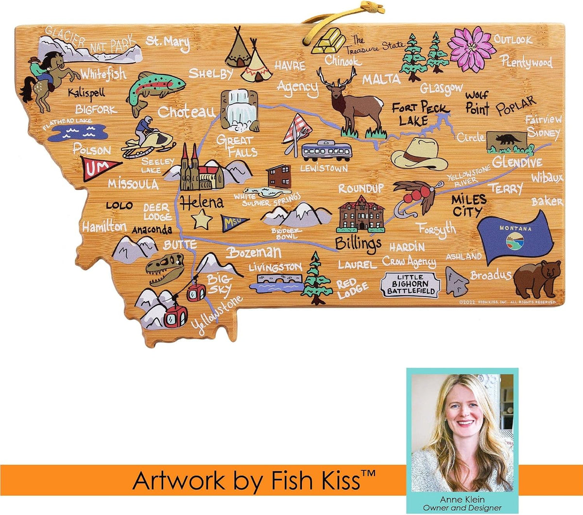 Tennessee State Shaped Cutting Board, Art by Fish Kiss | State charcuterie board with colorful hand-drawn map artwork. Smooth reverse side for food prep. Hang tie for wall display. - Colors B