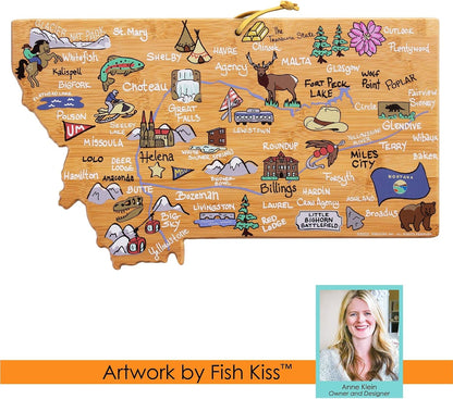 Tennessee State Shaped Cutting Board, Art by Fish Kiss | State charcuterie board with colorful hand-drawn map artwork. Smooth reverse side for food prep. Hang tie for wall display. - Colors B