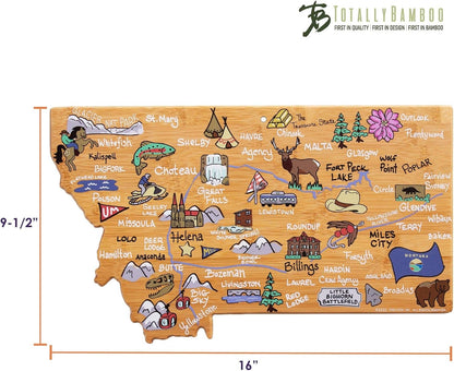 Tennessee State Shaped Cutting Board, Art by Fish Kiss | State charcuterie board with colorful hand-drawn map artwork. Smooth reverse side for food prep. Hang tie for wall display. - Colors B