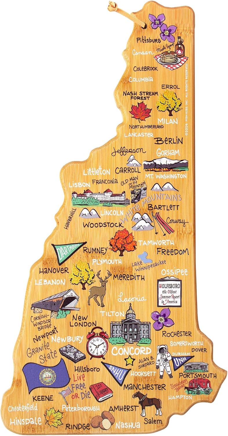 Tennessee State Shaped Cutting Board, Art by Fish Kiss | State charcuterie board with colorful hand-drawn map artwork. Smooth reverse side for food prep. Hang tie for wall display. - Colors B