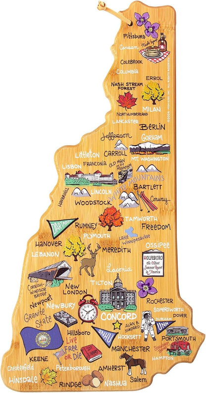 Tennessee State Shaped Cutting Board, Art by Fish Kiss | State charcuterie board with colorful hand-drawn map artwork. Smooth reverse side for food prep. Hang tie for wall display. - Colors B