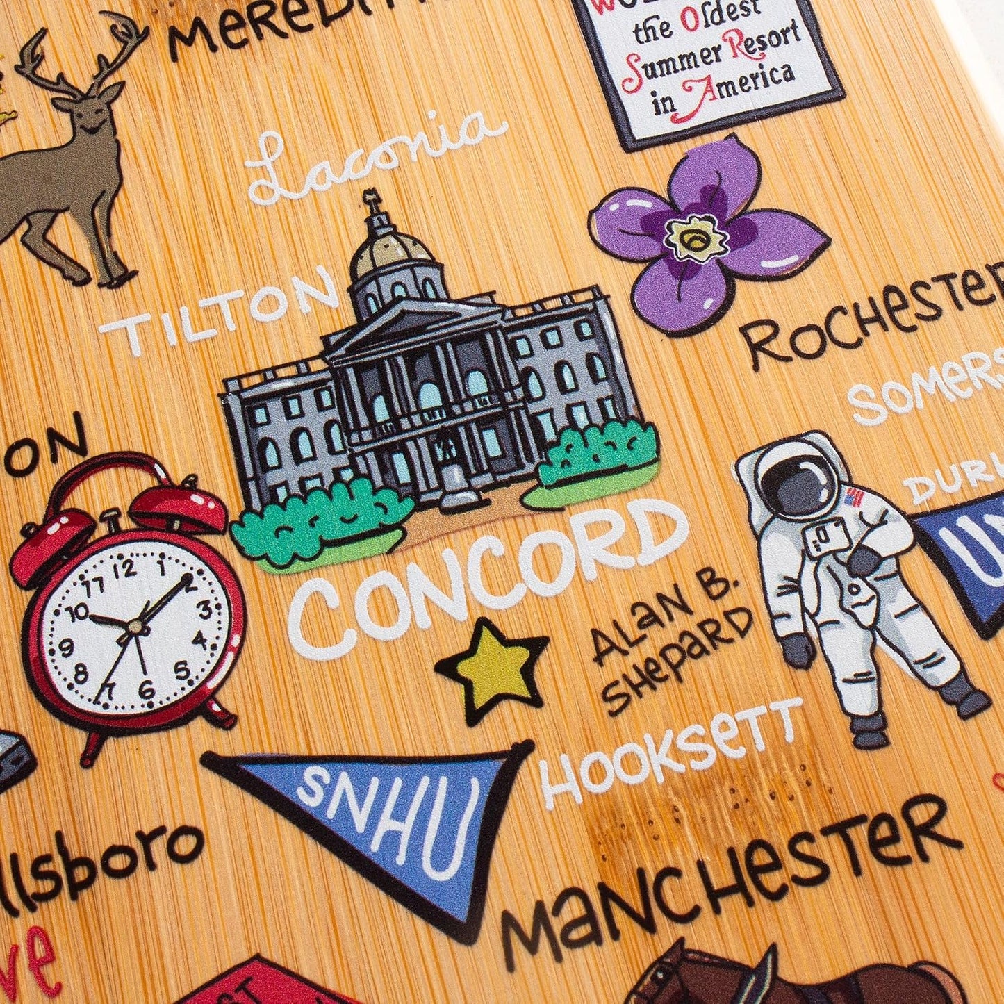 Tennessee State Shaped Cutting Board, Art by Fish Kiss | State charcuterie board with colorful hand-drawn map artwork. Smooth reverse side for food prep. Hang tie for wall display. - Colors B