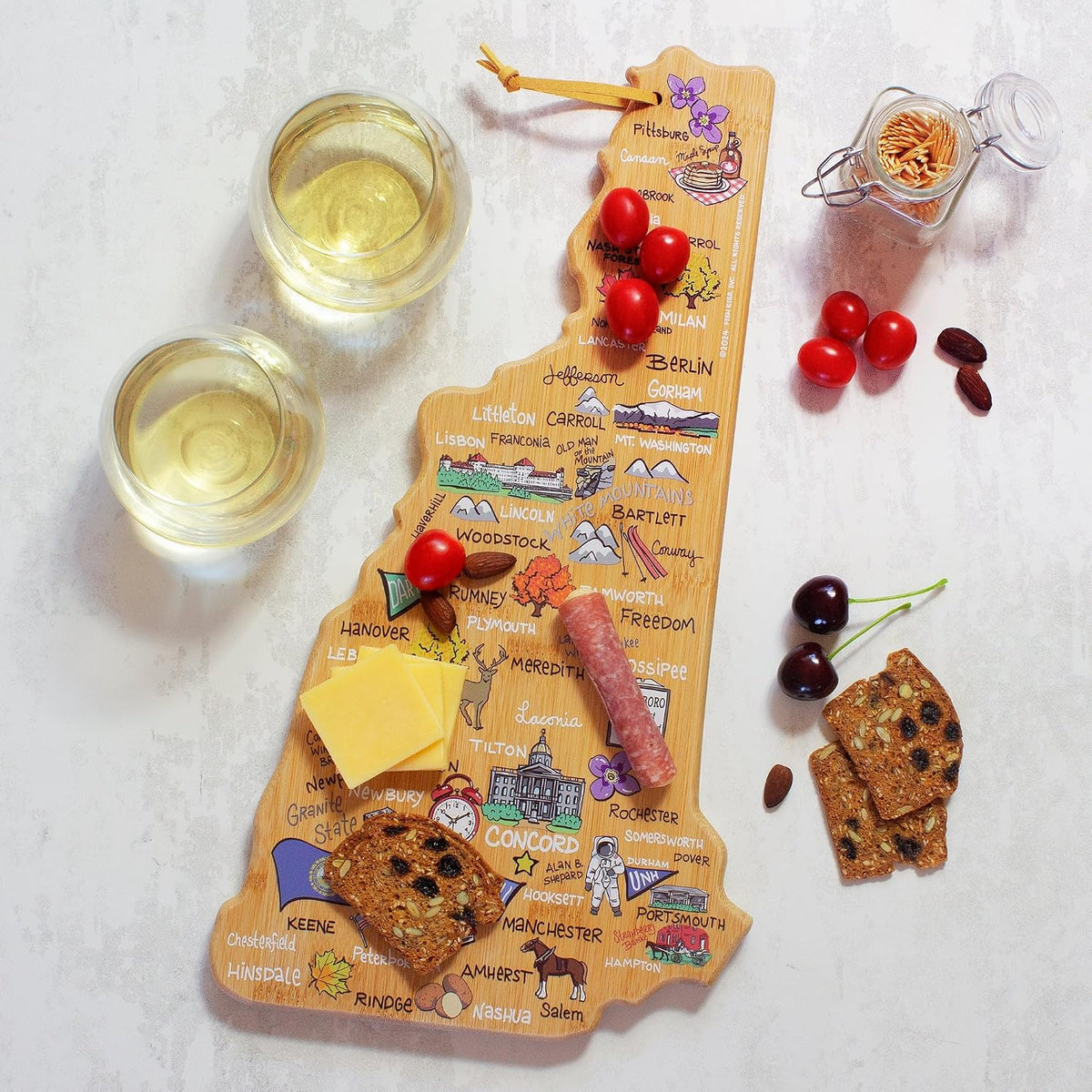 Tennessee State Shaped Cutting Board, Art by Fish Kiss | State charcuterie board with colorful hand-drawn map artwork. Smooth reverse side for food prep. Hang tie for wall display. - Colors B