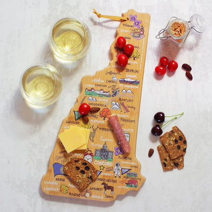Tennessee State Shaped Cutting Board, Art by Fish Kiss | State charcuterie board with colorful hand-drawn map artwork. Smooth reverse side for food prep. Hang tie for wall display. - Colors B