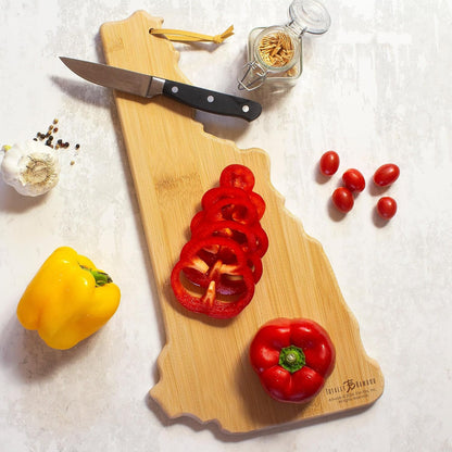 Tennessee State Shaped Cutting Board, Art by Fish Kiss | State charcuterie board with colorful hand-drawn map artwork. Smooth reverse side for food prep. Hang tie for wall display. - Colors B