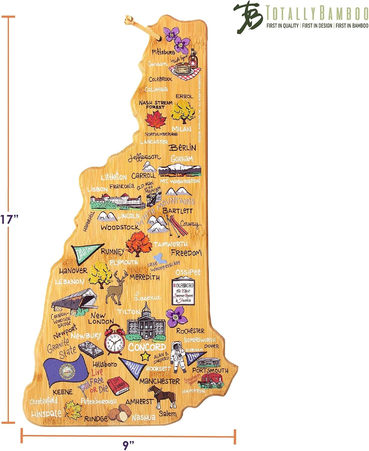 Tennessee State Shaped Cutting Board, Art by Fish Kiss | State charcuterie board with colorful hand-drawn map artwork. Smooth reverse side for food prep. Hang tie for wall display. - Colors B