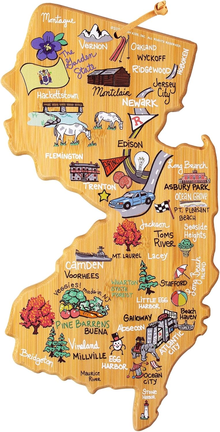 Tennessee State Shaped Cutting Board, Art by Fish Kiss | State charcuterie board with colorful hand-drawn map artwork. Smooth reverse side for food prep. Hang tie for wall display. - Colors B