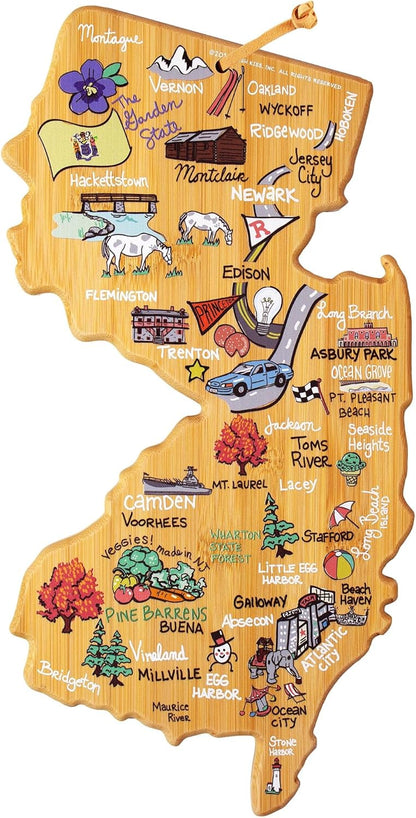 Tennessee State Shaped Cutting Board, Art by Fish Kiss | State charcuterie board with colorful hand-drawn map artwork. Smooth reverse side for food prep. Hang tie for wall display. - Colors B