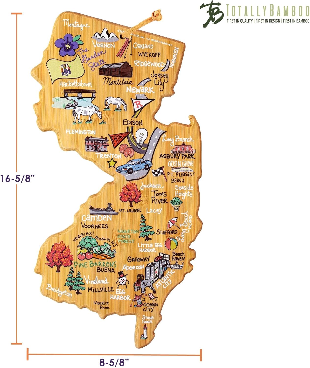 Tennessee State Shaped Cutting Board, Art by Fish Kiss | State charcuterie board with colorful hand-drawn map artwork. Smooth reverse side for food prep. Hang tie for wall display. - Colors B