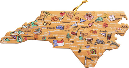 Tennessee State Shaped Cutting Board, Art by Fish Kiss | State charcuterie board with colorful hand-drawn map artwork. Smooth reverse side for food prep. Hang tie for wall display. - Colors B