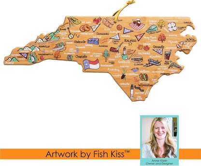 Tennessee State Shaped Cutting Board, Art by Fish Kiss | State charcuterie board with colorful hand-drawn map artwork. Smooth reverse side for food prep. Hang tie for wall display. - Colors B