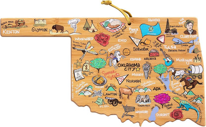 Tennessee State Shaped Cutting Board, Art by Fish Kiss | State charcuterie board with colorful hand-drawn map artwork. Smooth reverse side for food prep. Hang tie for wall display. - Colors B