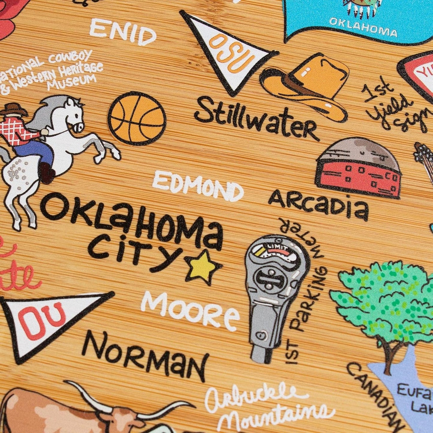 Tennessee State Shaped Cutting Board, Art by Fish Kiss | State charcuterie board with colorful hand-drawn map artwork. Smooth reverse side for food prep. Hang tie for wall display. - Colors B