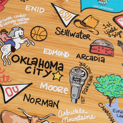Tennessee State Shaped Cutting Board, Art by Fish Kiss | State charcuterie board with colorful hand-drawn map artwork. Smooth reverse side for food prep. Hang tie for wall display. - Colors B