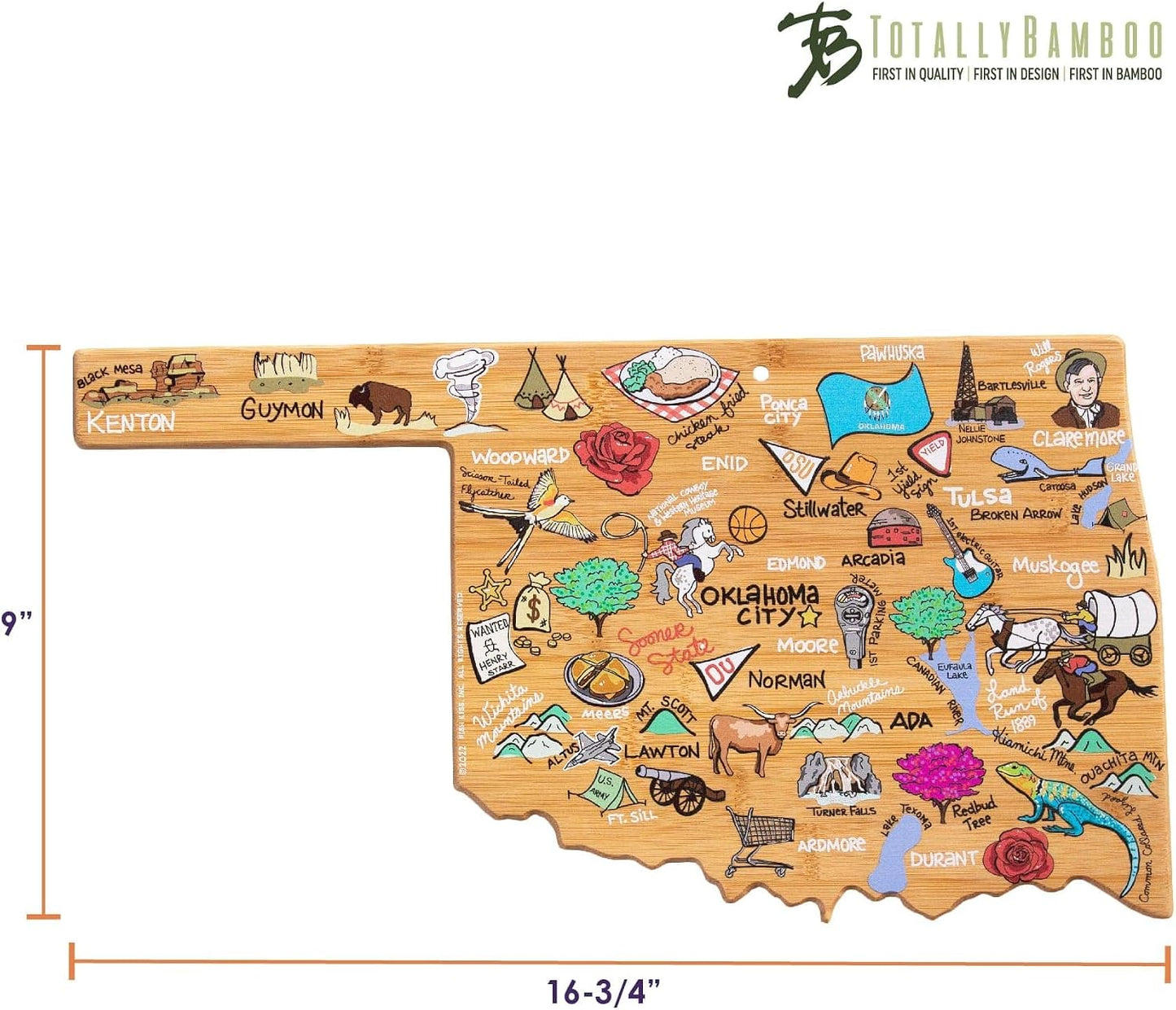 Tennessee State Shaped Cutting Board, Art by Fish Kiss | State charcuterie board with colorful hand-drawn map artwork. Smooth reverse side for food prep. Hang tie for wall display. - Colors B