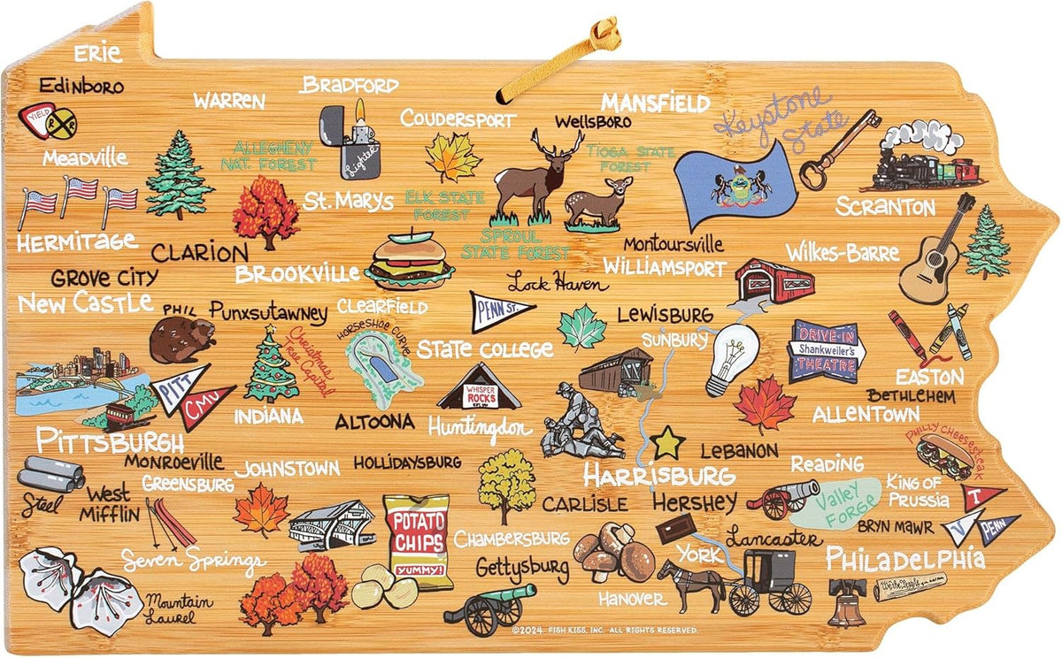 Tennessee State Shaped Cutting Board, Art by Fish Kiss | State charcuterie board with colorful hand-drawn map artwork. Smooth reverse side for food prep. Hang tie for wall display. - Colors B