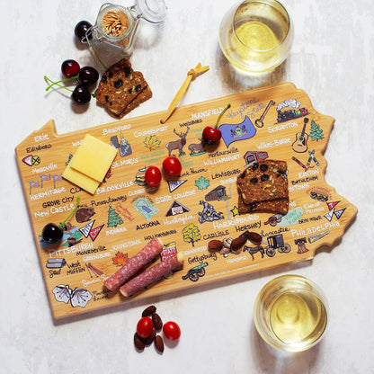 Tennessee State Shaped Cutting Board, Art by Fish Kiss | State charcuterie board with colorful hand-drawn map artwork. Smooth reverse side for food prep. Hang tie for wall display. - Colors B