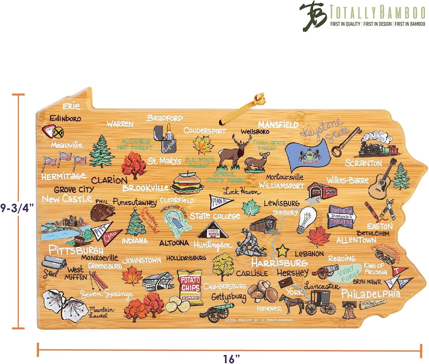 Tennessee State Shaped Cutting Board, Art by Fish Kiss | State charcuterie board with colorful hand-drawn map artwork. Smooth reverse side for food prep. Hang tie for wall display. - Colors B