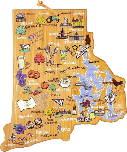 Tennessee State Shaped Cutting Board, Art by Fish Kiss | State charcuterie board with colorful hand-drawn map artwork. Smooth reverse side for food prep. Hang tie for wall display. - Colors B