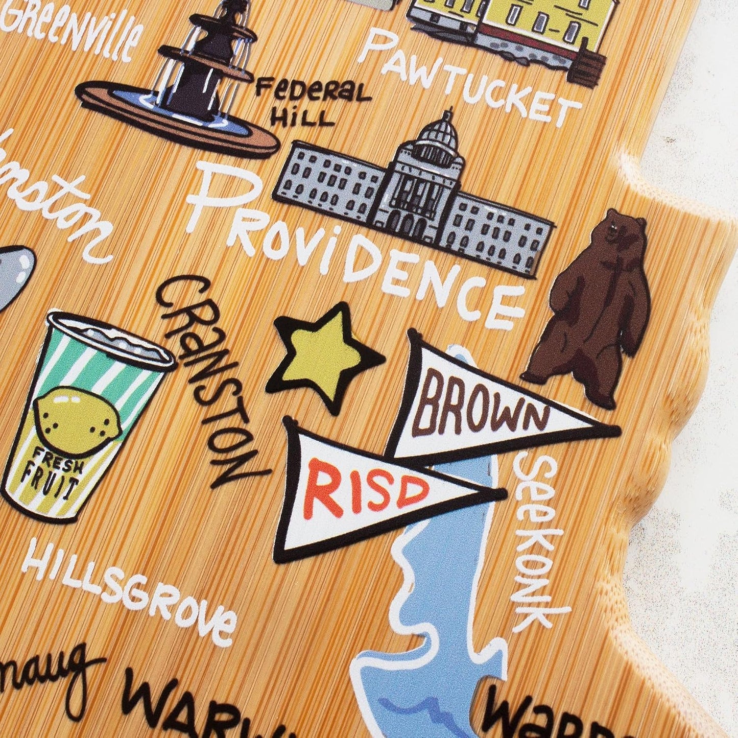 Tennessee State Shaped Cutting Board, Art by Fish Kiss | State charcuterie board with colorful hand-drawn map artwork. Smooth reverse side for food prep. Hang tie for wall display. - Colors B
